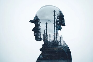 Wall Mural - profile of a worker with industrial backdrop in silhouette