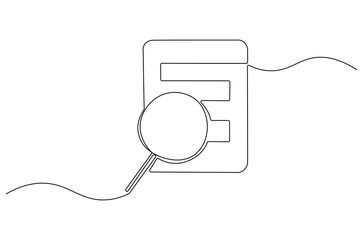 Wall Mural - continuous one line drawing of paper document with magnifying glass. single line drawing illustratio