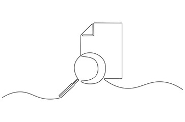 Wall Mural - continuous one line drawing of paper document with magnifying glass. single line drawing illustratio