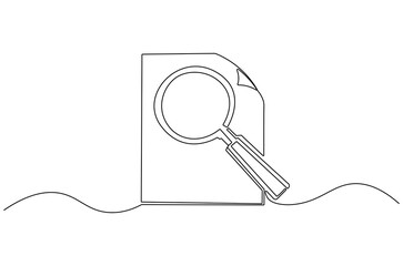 Wall Mural - continuous one line drawing of paper document with magnifying glass. single line drawing illustratio