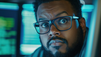 African American programmer with glasses looking worried at computer screen with code in blue light. Cybersecurity concept for data breach detection, hacking incidents