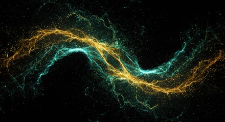 Wall Mural - an abstract digital rendering of glowing, twisting lines in gold and teal, resembling cosmic energy 