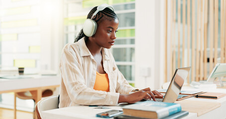 Poster - Education, student and woman with laptop, headphones and exam in classroom with info, online and reading. Learning, scholarship and black person in college with tech, typing and serious for knowledge