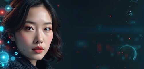 Fototapete - Portrait asian woman make up face analysis concept. Digital face reconstruction by AI. Illustration shows beauty, fashion, cosmetics tech, with futuristic digital interface elements. Facial