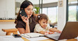 © peopleimages.com - Laptop, multitask or phone call with mother and baby in home for development of small business. Computer, remote work or talking with single parent and child in apartment for freelance or startup