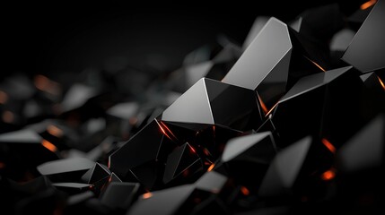 Wall Mural - abstract 3d black polygonal crystals, fiery background, dark scene