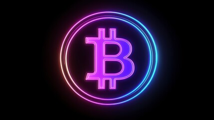 Poster - Glowing neon Bitcoin symbol in a circle on a black background.
