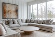 © Trendistudio - Minimalist Interior The living room, a brightly finished interior using white, and the interior of a living room with sofas and art frames hanging. Generative AI