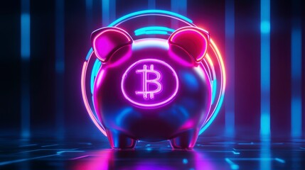 Poster - Futuristic piggy bank with Bitcoin symbol, glowing neon lights.
