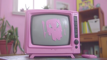 A pink television displays a pink painted face on its screen