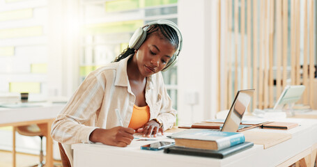 Poster - Writing, student and woman with laptop, headphones and exam in classroom with info, online and reading. Learning, scholarship and black person in college with tech, education or serious for knowledge