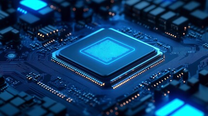 Aufkleber - Close-up of a central processing unit (CPU) on a circuit board, glowing blue.