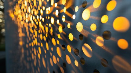 A steel sheet with small round holes, with light shining through the perforations and casting interesting patterns on the surface.