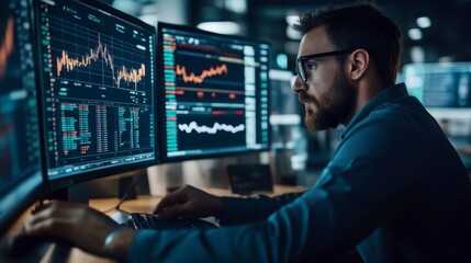 Poster - Focused businessman analyzing data on multiple computer screens in a dark office.