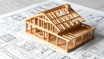 Wall Mural - architectural model, wooden house frame, construction blueprint, miniature building, detailed carpen