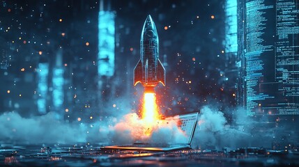 A digital rocket launching from a laptop in a futuristic scene
