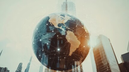 Aufkleber - Global network connection, city skyline, earth.