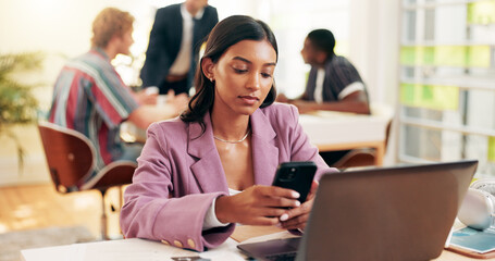 Poster - Browsing, student and woman with smartphone, classroom and preparing for exam with info, laptop and education. Learning, scholarship and people in college with tech, typing and serious for knowledge