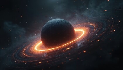 Fototapete - Digital visualization of black hole with event horizon, rendered through abstract wireframe design. Cosmic, universe, vortex, singularity, swirl, curvature, gravity, theoretical pattern, energy, deep