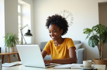 Aufkleber - Young african american woman using laptop, working at home. Smiling female student typing, reading, chatting online, virtual meeting. Casual attire, modern apartment interior with plants, books,