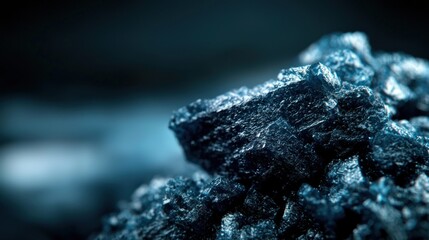 Close-up of dark blue rocks, piled high, in a dark studio setting. Use Industrial product background