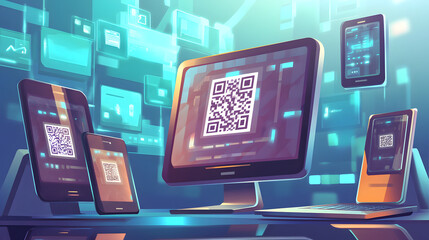 Modern Set of Smartphones and Computer with QR Code Illustration for Technology Applications