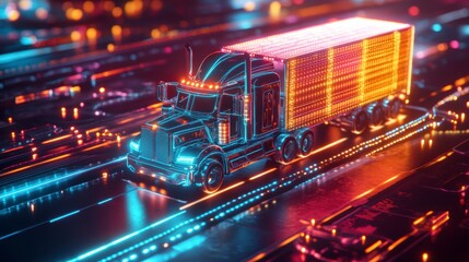 Poster - Futuristic neon semi-truck speeding on a digital highway.