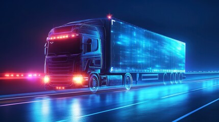 Poster - Futuristic semi-truck with glowing digital cargo speeding on highway at night.