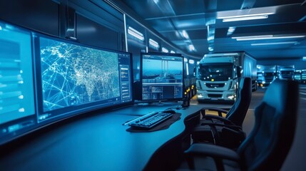 Poster - Modern control room with large monitors displaying logistics data and a truck in the background.