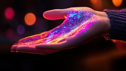Wall Mural - neon handprints glow, vibrant colours, bokeh background, abstract digital art