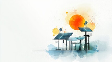 Wall Mural - a painting of a solar farm with a large sun in the background