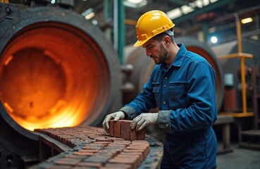 Aufkleber - Male worker inspects refractory bricks of coil heater gas equipment. Boiler room, steel structure cleaning maintenance of industrial steam boilers. Safety, engineering, technology, industry.