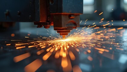 Aufkleber - Laser cutting metal with precision. Sparks fly during high-tech industrial process. Manufacturing, fabrication, engineering, component production at factory. High speed, accuracy.