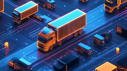 Poster - Futuristic digital highway with cargo trucks transporting goods.