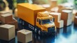© thenort - Yellow toy truck surrounded by cardboard boxes on a reflective surface.