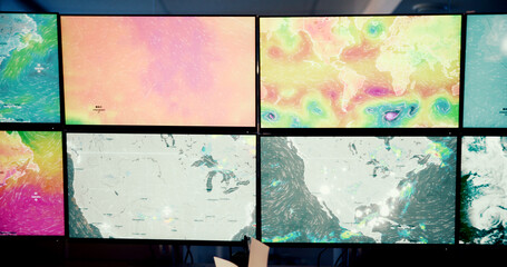 Poster - Screen, weather and satellite with pattern in monitor, broadcast news or maps for tracking storm. Control room, forecast or meteorology with ecology for climate change, media report or global warming