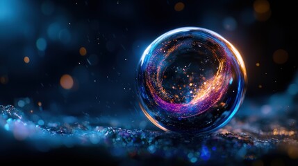 Wall Mural - Abstract sphere rests on textured surface, vibrant light trails in background.  Possible use  Technology, science, fantasy, or visual art