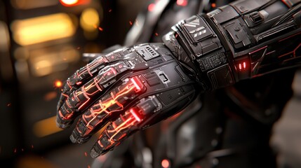 Wall Mural - futuristic mech hand activating energy in urban setting