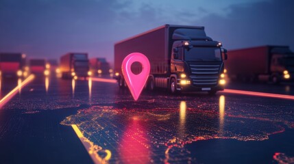 Poster - GPS tracking of a truck on a highway at night, showing its location on a digital map.