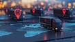 © thenort - Global logistics network with GPS tracking of delivery trucks on a world map.