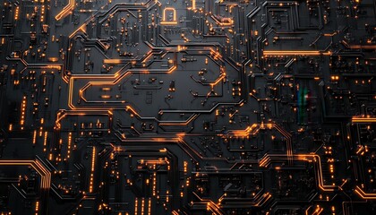 Fototapete - Glowing Orange Circuit Board Abstract Technology Background