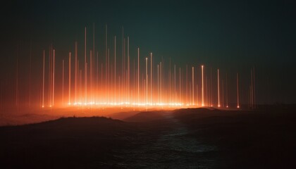 Poster - Glowing Orange Towers at Night Over Dark Water