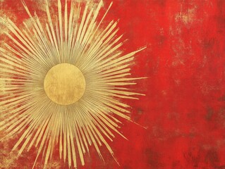 Poster - Golden Sunburst on Red Textured Background
