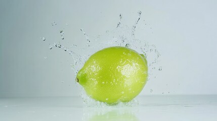Poster - Green Lime Splashing in Water on White Background