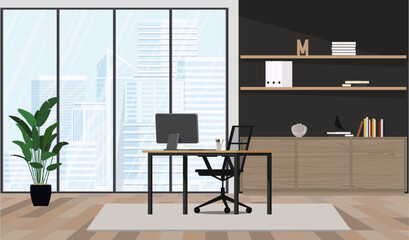 Office interior with a panoramic window overlooking high-rise buildings.