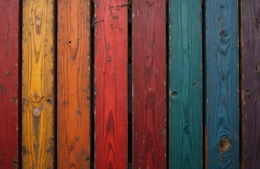 Fototapete - Vertical arrangement colorful painted wooden boards create vibrant background for design text. Rainbow boards texture with aged wood grains, knots. Abstract background for diverse projects.