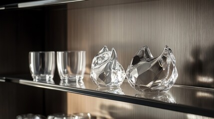 Elegant glass ornaments and tumblers on a sleek, modern shelf display