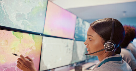 Poster - Computer, screen or woman with microphone in control room for weather tracking, satellite maps or storm forecast. Meteorology, person or pointing to radar display for climate change or system monitor