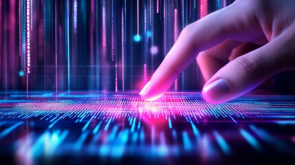 Finger touches bright pink spot on digital interface technology
