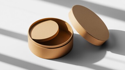 Poster - Open round cardboard box with lid slightly ajar on white background with shadows.